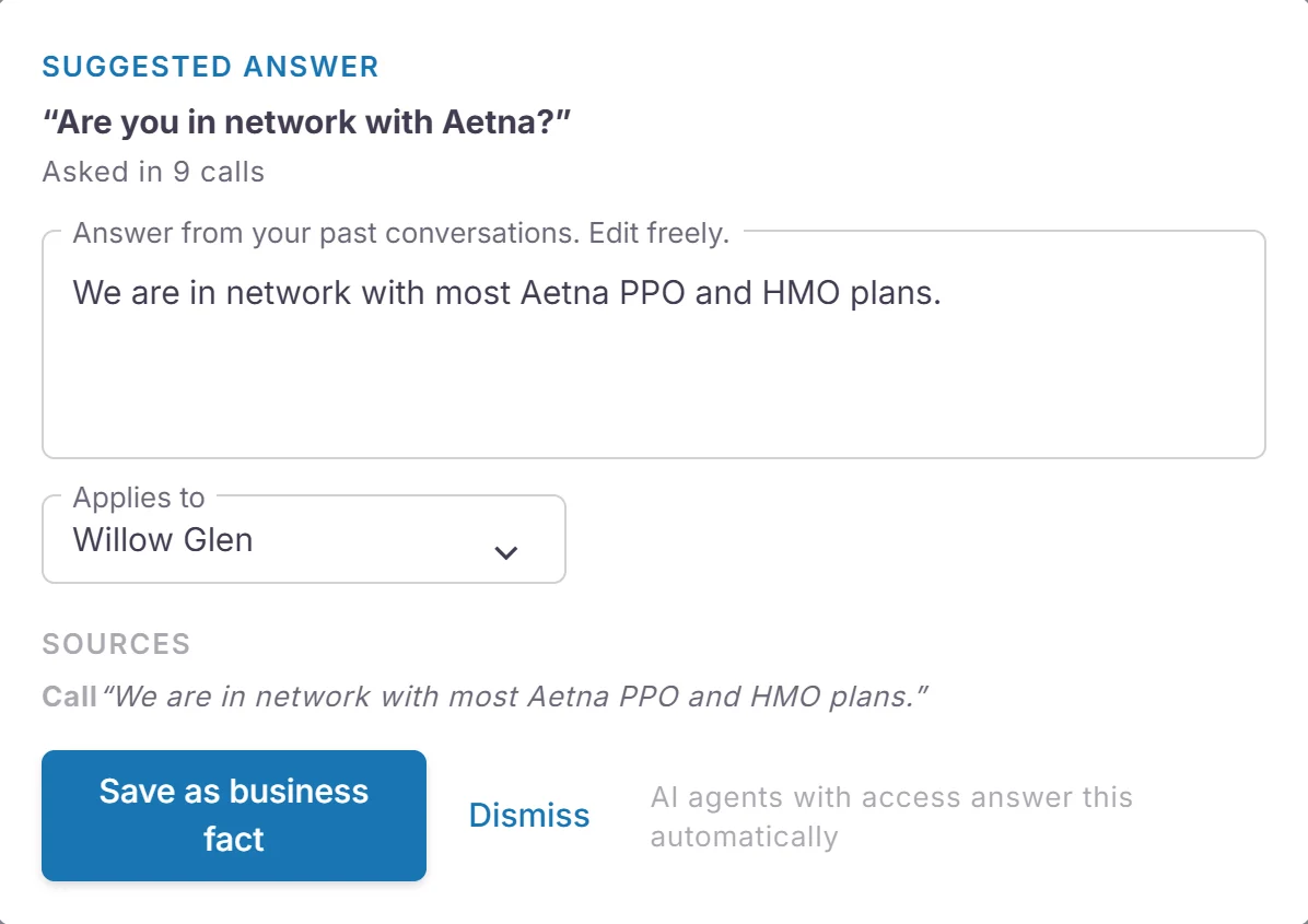 One suggestion opened: asked in 9 calls, with the proposed answer and the staff call it was quoted from.