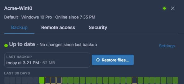 A computer's backup card: up to date, last backup today, and 30 days of daily backups.