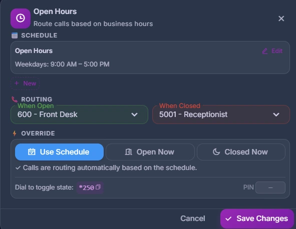 Editing the Open Hours step: weekdays 9 to 5, the front desk when open and the AI front desk when closed, with Open Now and Closed Now overrides and a dial code.