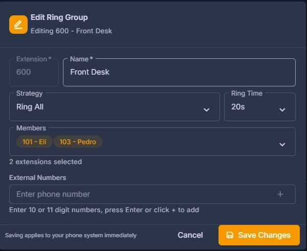 Editing the Front Desk ring group: ring all, 20 seconds, two members, and room for outside numbers.