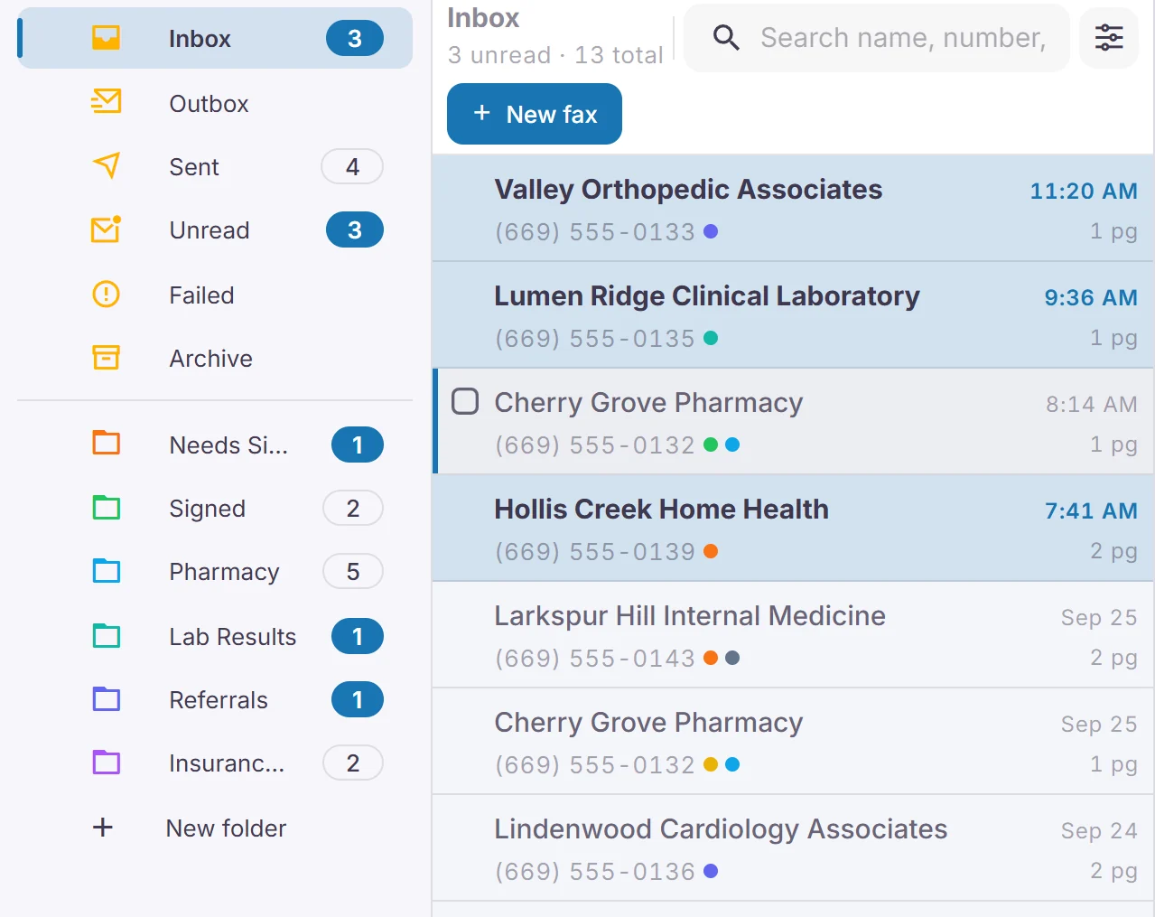 A fax inbox with folders for pharmacy, lab results, referrals and insurance.