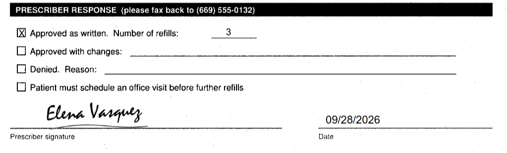 A pharmacy refill request signed by the doctor inside the app.