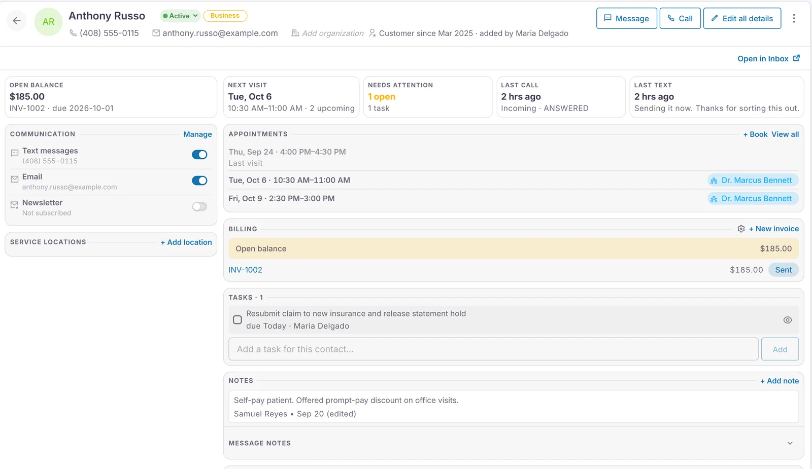 A patient's record: open balance, next visit, appointments, billing, an open task and notes.