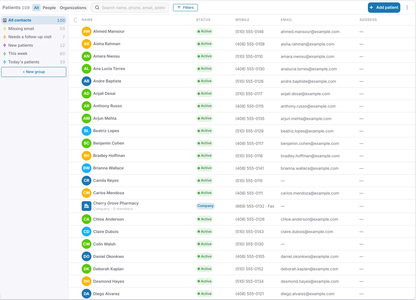 The patient list with smart groups on the side: missing email, needs a follow-up visit, new patients, this week and today.