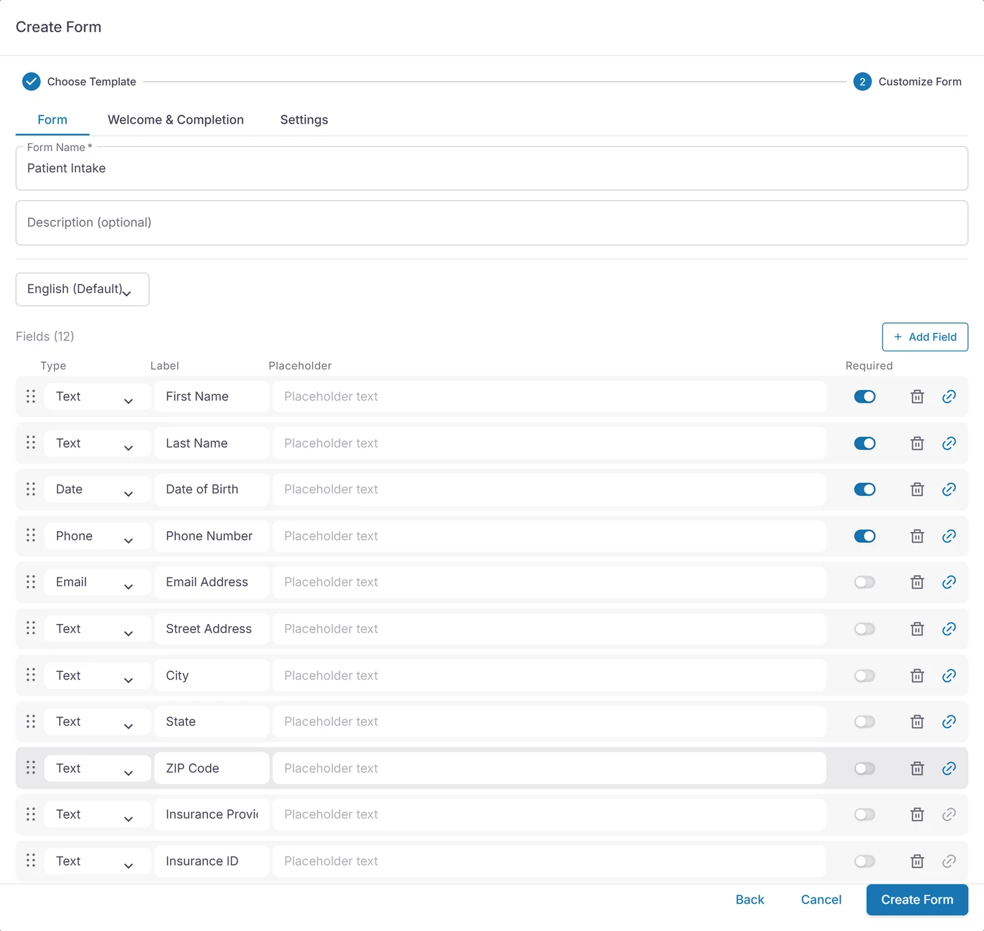 The form designer with the Patient Intake starter template: twelve fields with their type, label and required switch, and the language picker.
