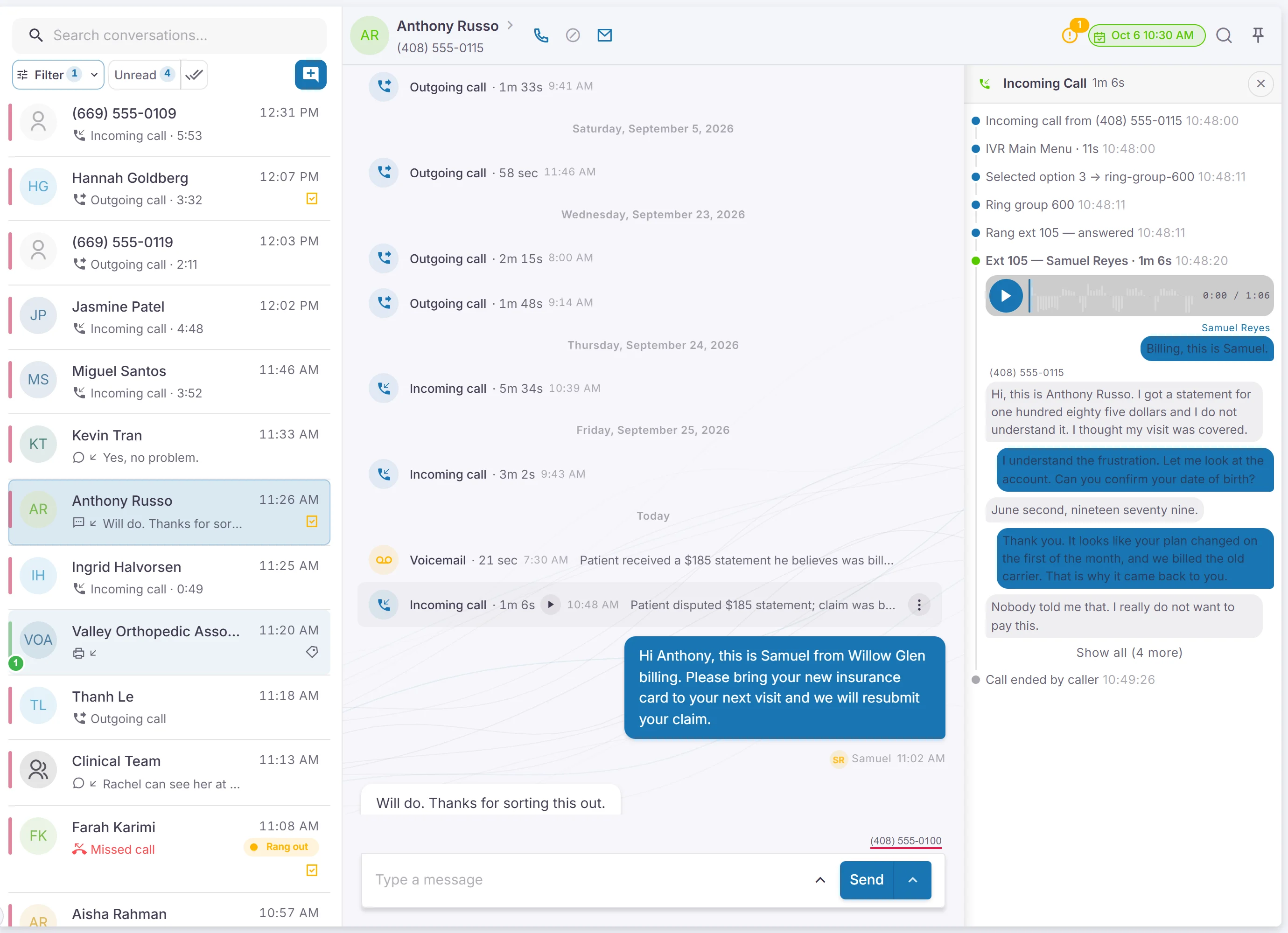 One patient's thread: his 7:30 AM voicemail about a $185 statement, the summarized 10:48 billing call with its recording and transcript open beside it, and the texts that followed.