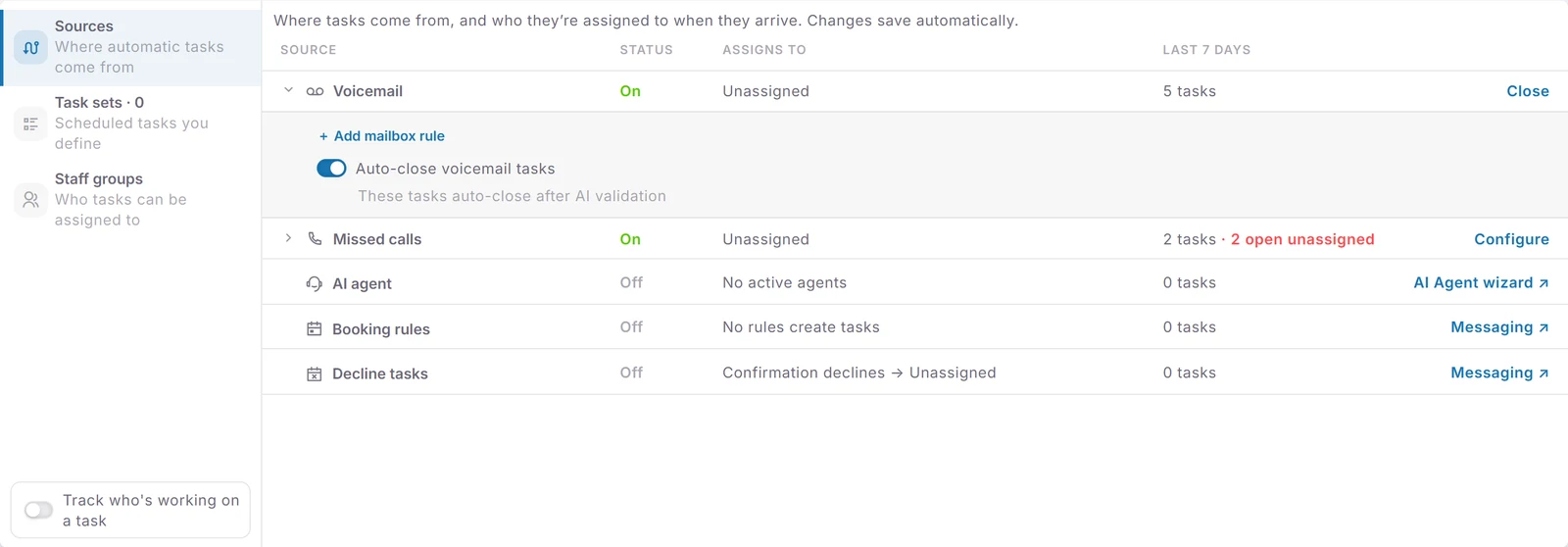 Task sources: voicemail, missed calls, the AI agent, booking rules and declines, each with its routing, and auto-close after AI validation switched on.