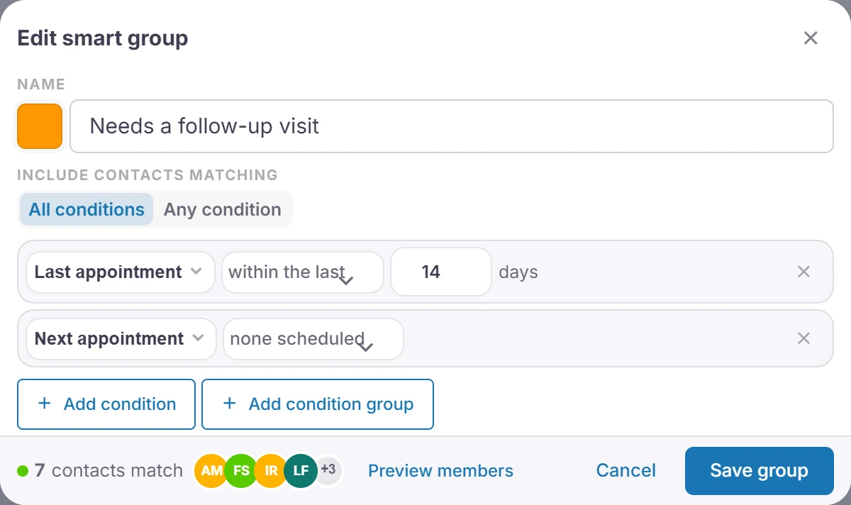 A smart group for patients seen in the last 14 days with no next appointment: 7 contacts match.