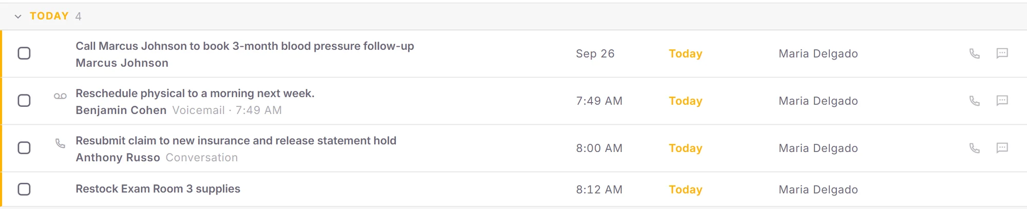 Today's task list with callbacks, a voicemail follow-up and an insurance resubmission.