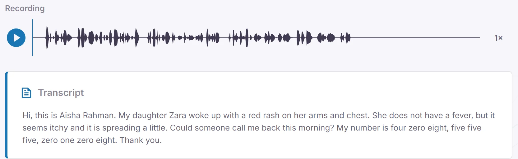 The urgent voicemail opened, with its audio waveform and full transcript.