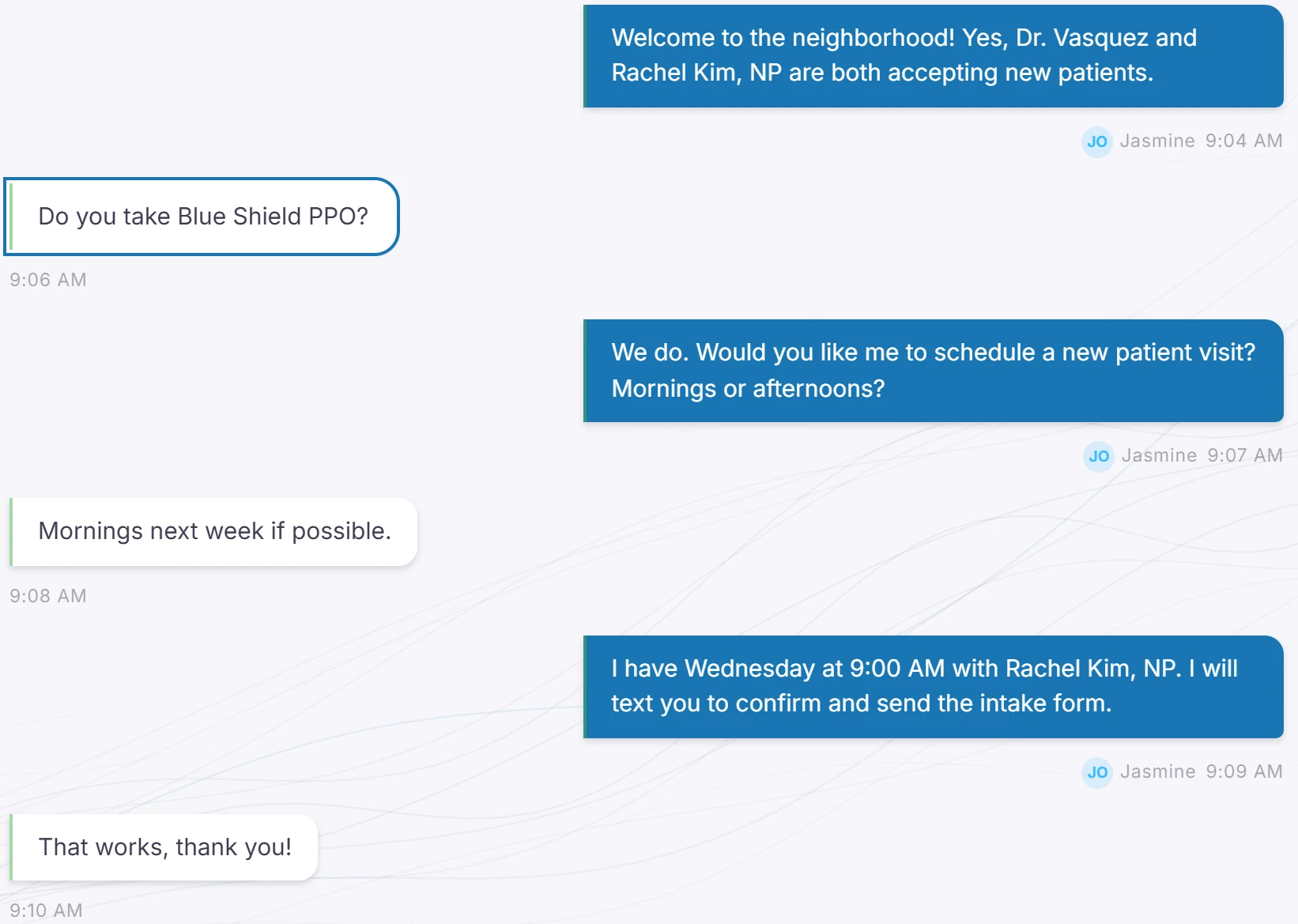 A web chat: a visitor asks about new patients and insurance, and the front desk books a visit and offers to text the intake form.